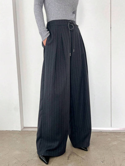 Minimalist Wide Leg Pants For Women Casual Solid Color Long Loose Mid Waist Trousers