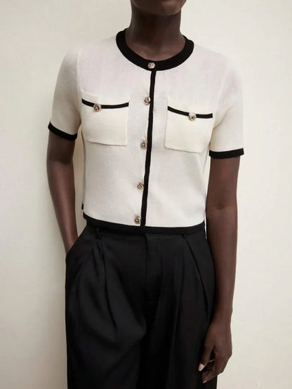 Block Knit Top Lined For Warmth With Metal Buttons Casual
