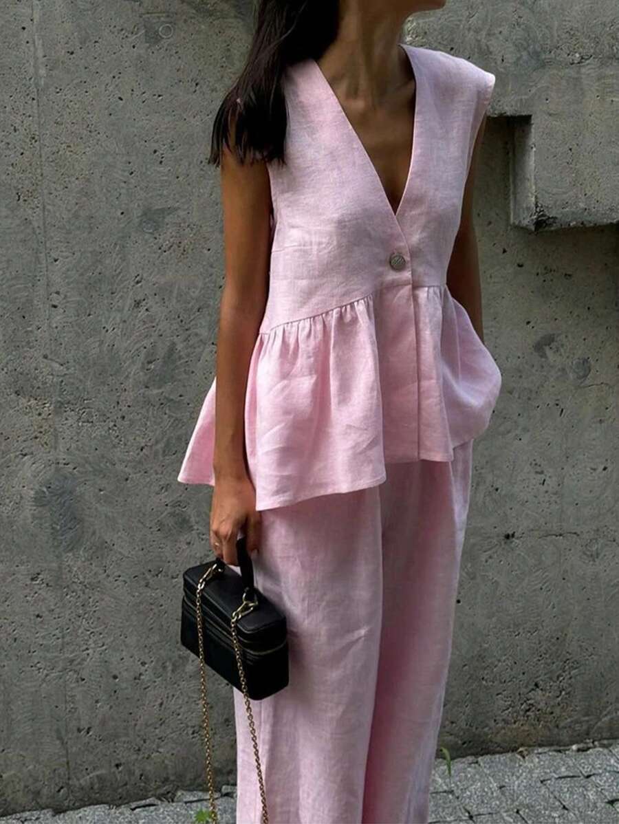 Frill Neck Deep V Two Piece Set