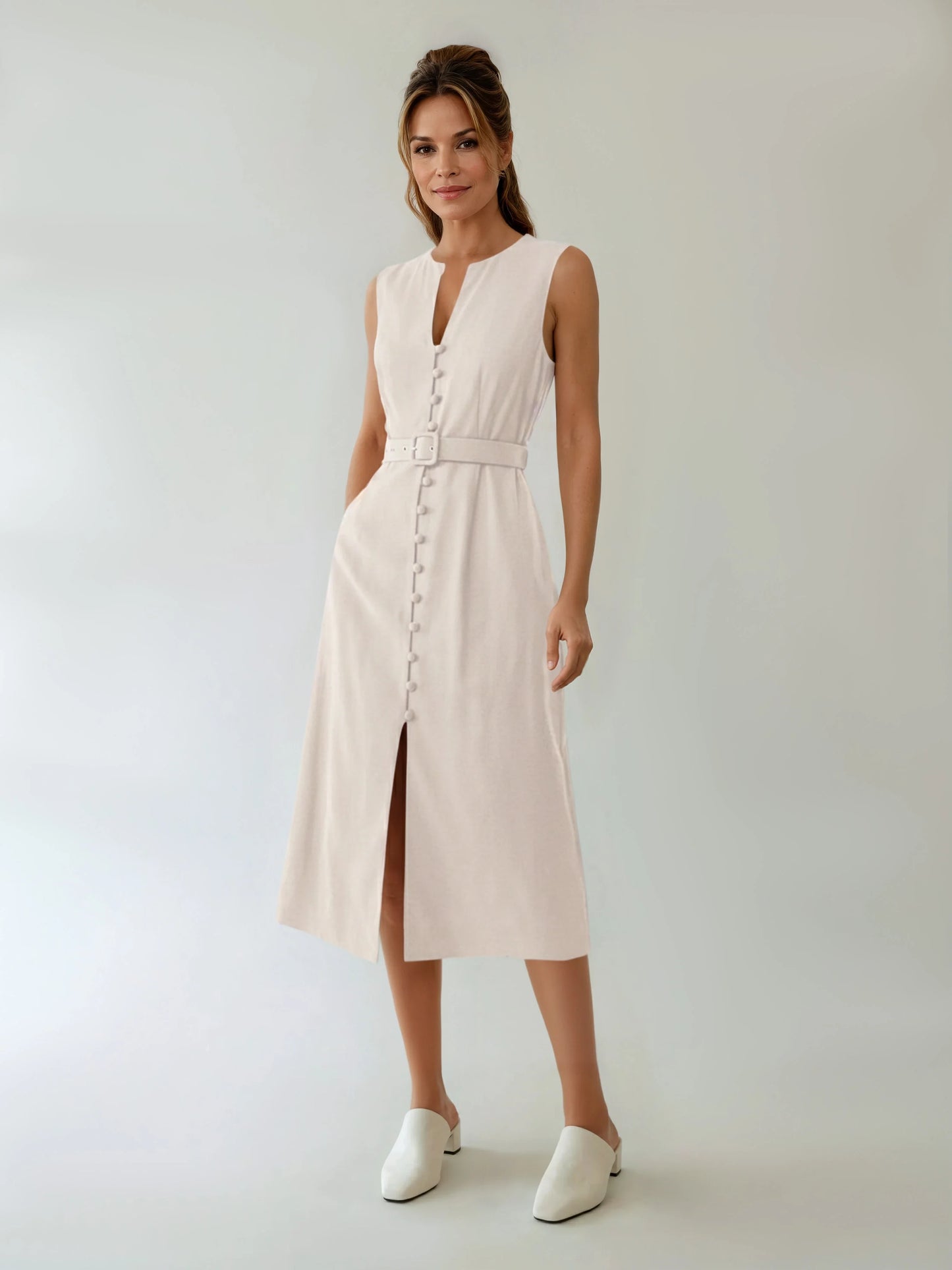 Belted Linen Sleeveless Notched Neck Midi Dress With Colorblock Panels For Elegant Formal Evenings