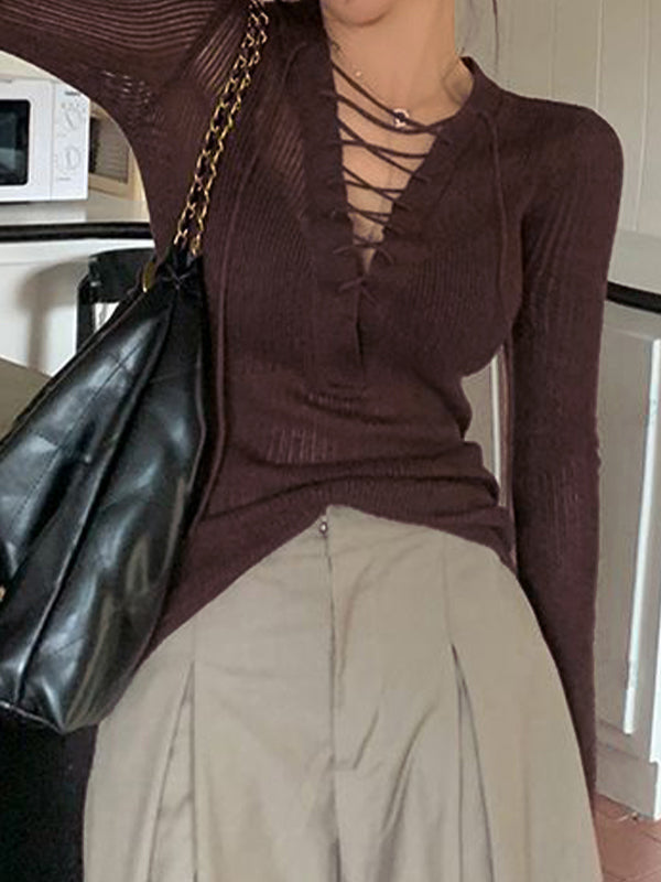 Solid V Neck Lace Up Long Sleeve Knit