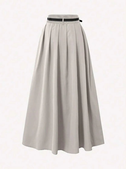 Pleated High Waist Decorative Belt Skirt With Pockets