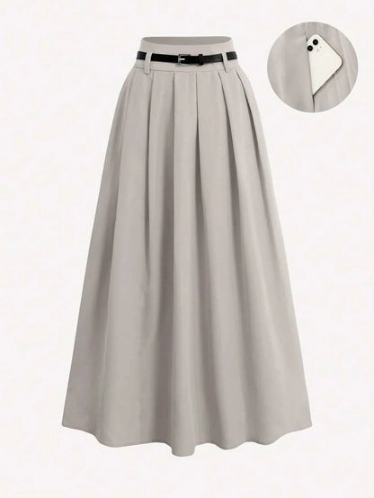 Pleated High Waist Decorative Belt Skirt With Pockets