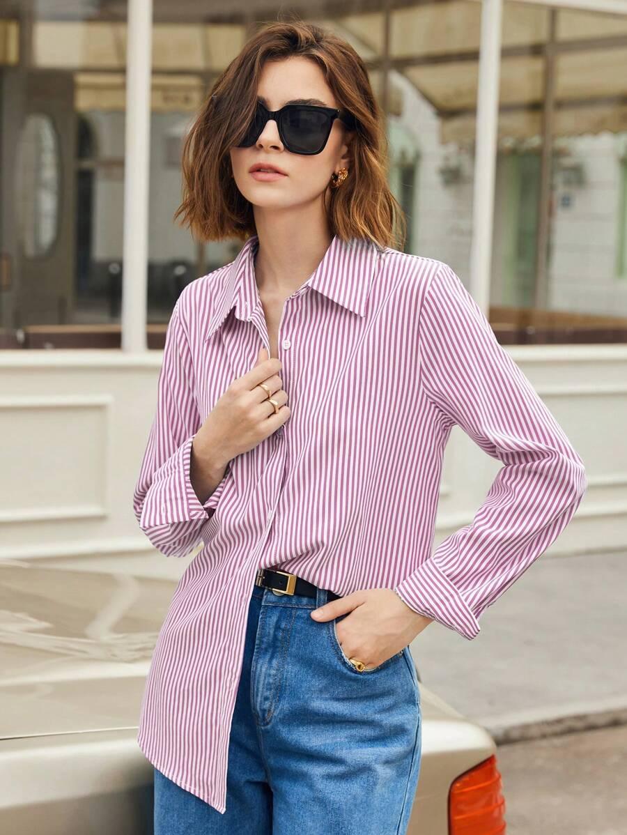 Front Button-Down Long Sleeve Shirt Versatile Elegant Chic