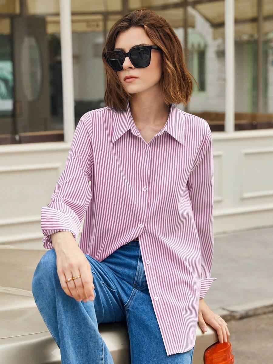 Front Button-Down Long Sleeve Shirt Versatile Elegant Chic