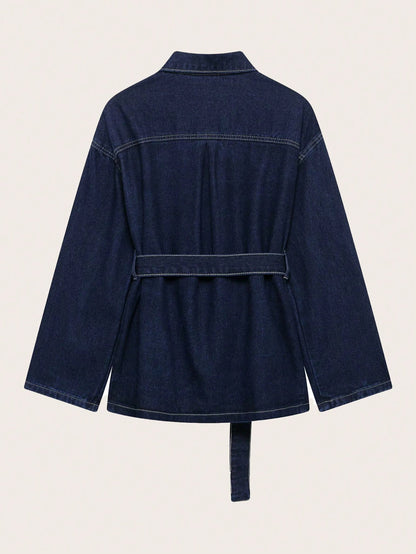 Retro Belted Denim Collar Jacket