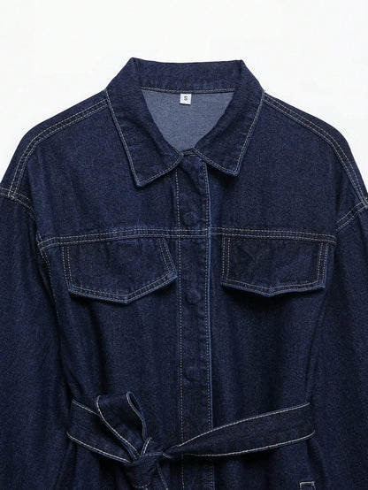 Retro Belted Denim Collar Jacket