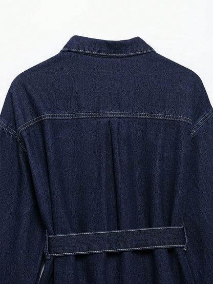 Retro Belted Denim Collar Jacket