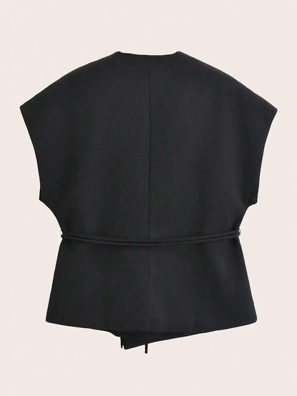 Solid Color Cross Belt Vest Top With Lace Up V Neck Batwing Sleeve Casual Spring Autumn
