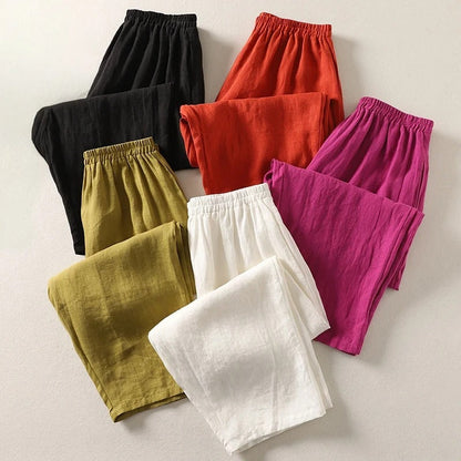 Women's Red Loose-Fit Linen Trousers with Elastic Waistband – Comfortable Summer Pants