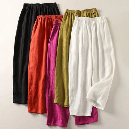 Women's Red Loose-Fit Linen Trousers with Elastic Waistband – Comfortable Summer Pants