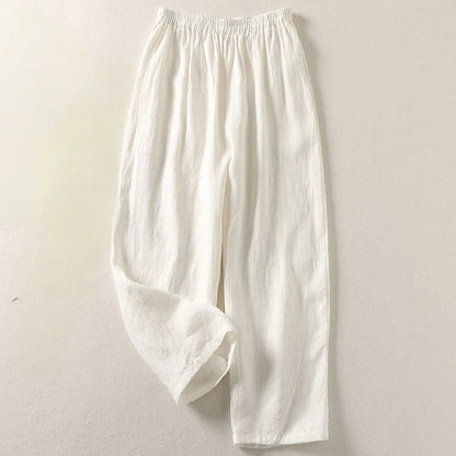 Women's Red Loose-Fit Linen Trousers with Elastic Waistband – Comfortable Summer Pants