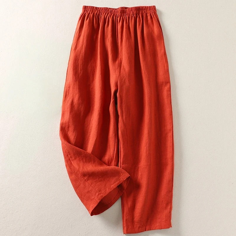 Women's Red Loose-Fit Linen Trousers with Elastic Waistband – Comfortable Summer Pants