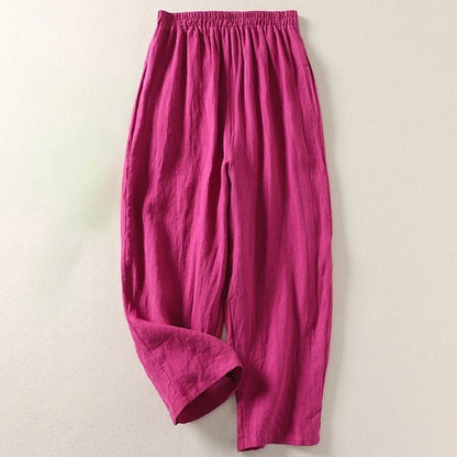 Women's Red Loose-Fit Linen Trousers with Elastic Waistband – Comfortable Summer Pants