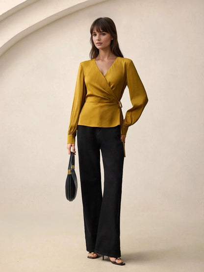 Satin Blouse With Tie Waist Peplum V Neck Long Sleeve