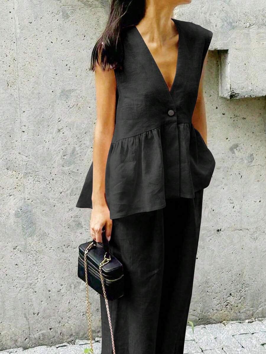 Frill Neck Deep V Two Piece Set