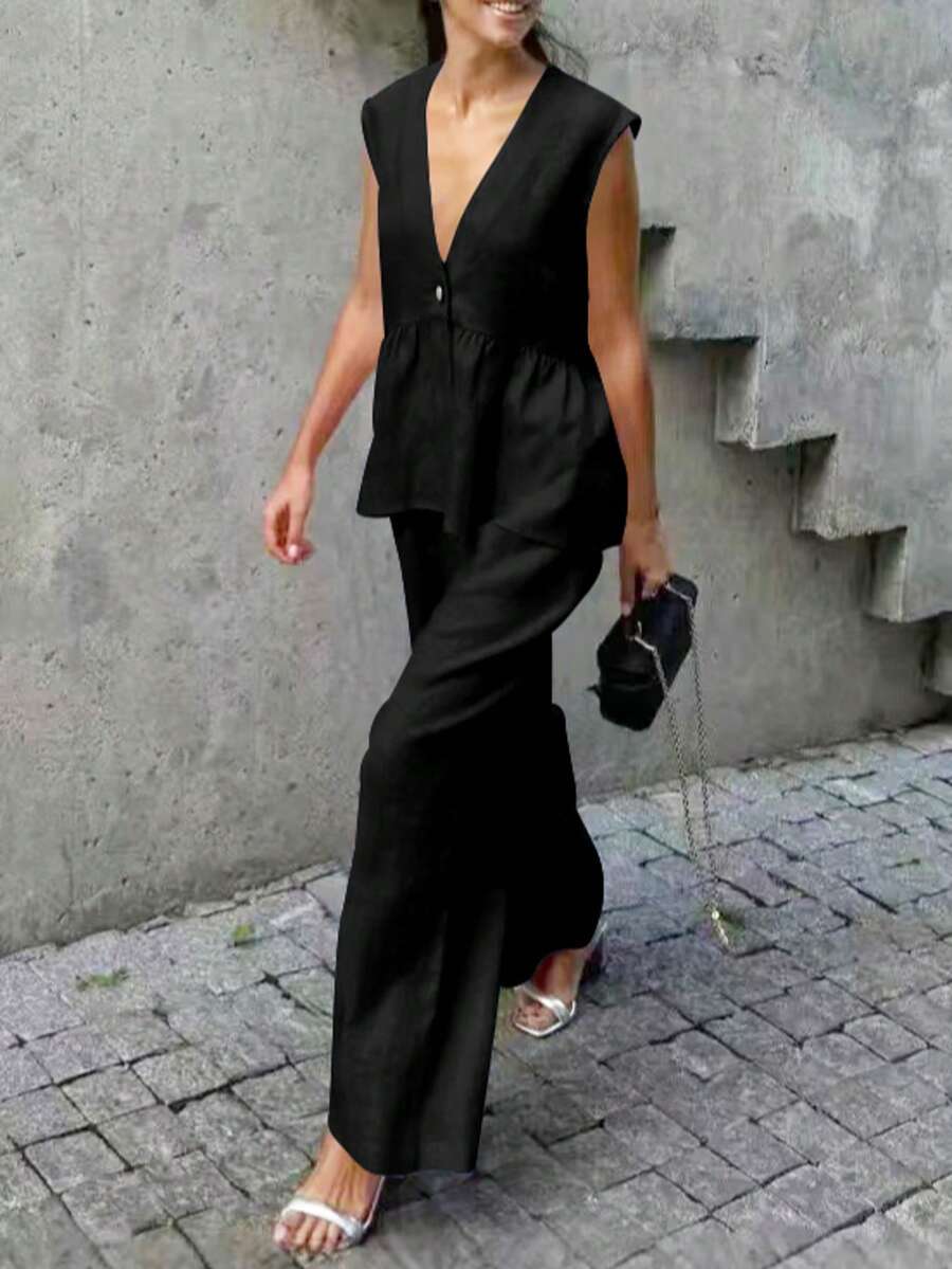 Frill Neck Deep V Two Piece Set