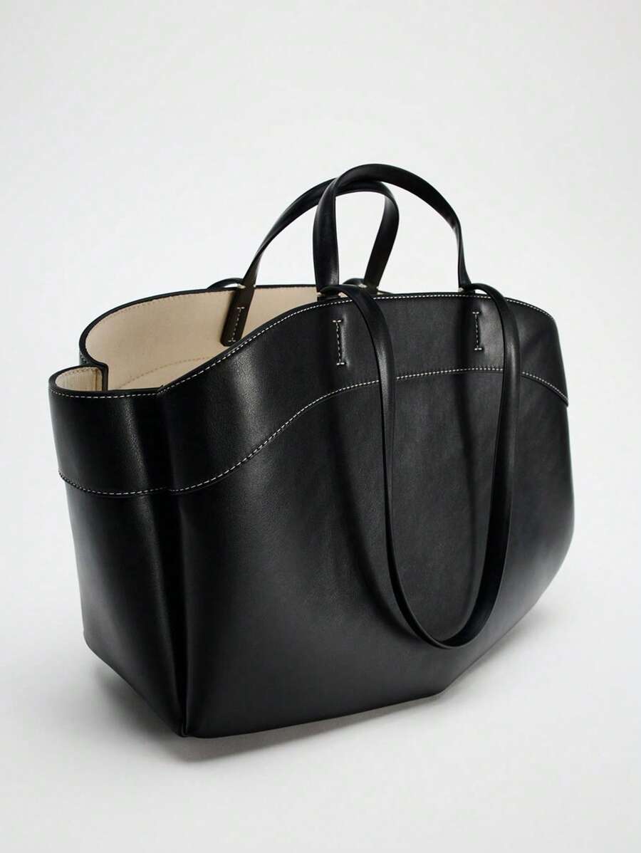 Pleated PU Tote Bag Large Capacity With Double Handles