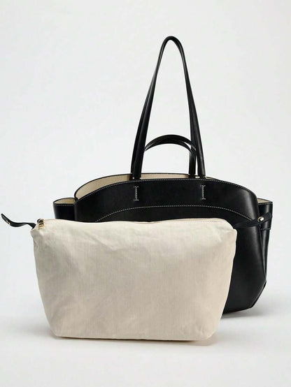 Pleated PU Tote Bag Large Capacity With Double Handles