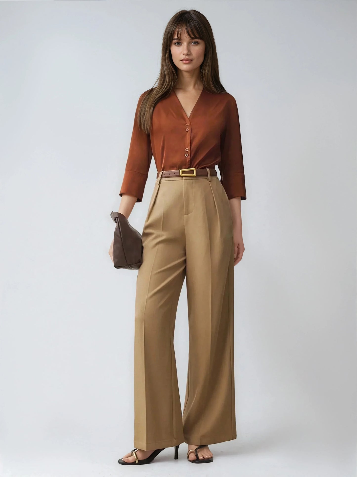 Satin V Neck Top Three Quarter Sleeves Casual Style