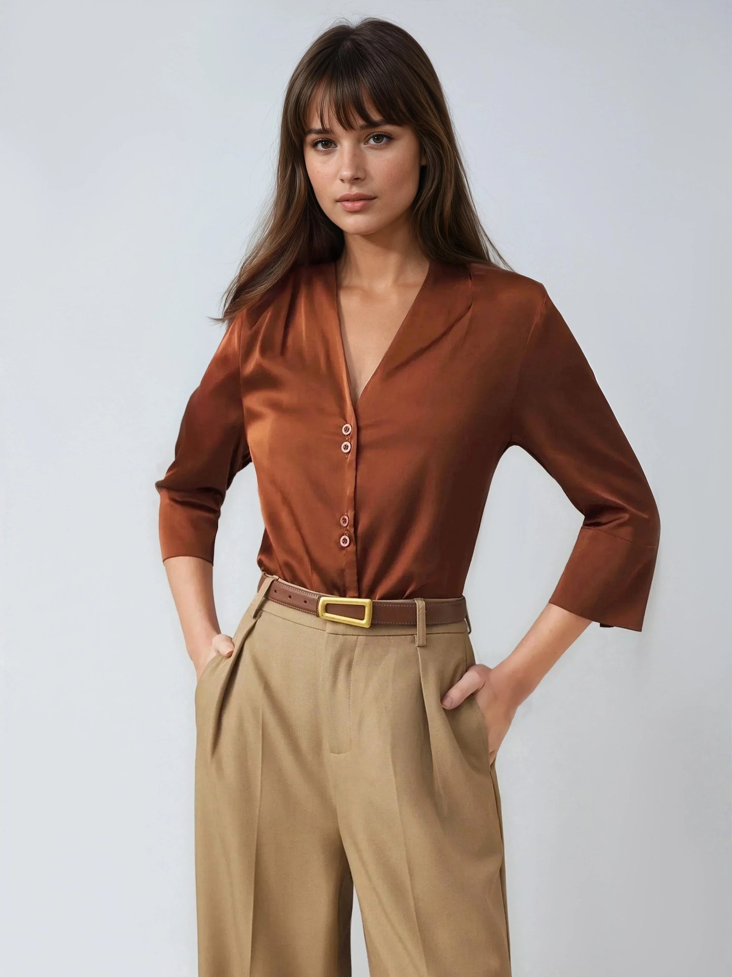 Satin V Neck Top Three Quarter Sleeves Casual Style