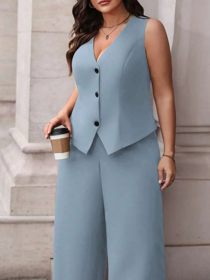 Plus Size Waistcoat And Pants Suit Set Elegant Black