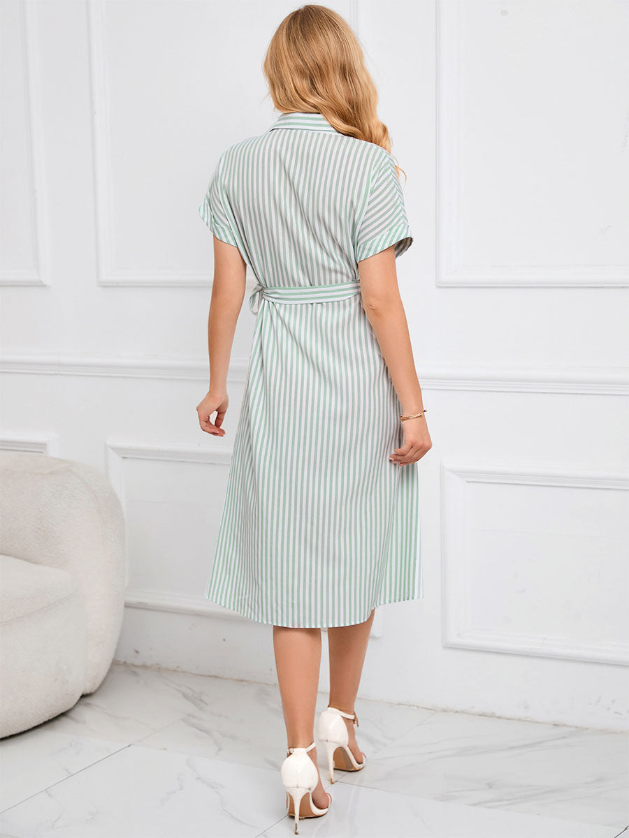 Shirt Midi Dress Light Green Turndown Collar Buttons Short Sleeves Stripes Dress