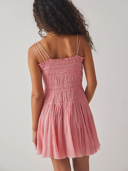 Summer Dress Mini Dresses White Straps Neck Buttons Polyester Beach Dress