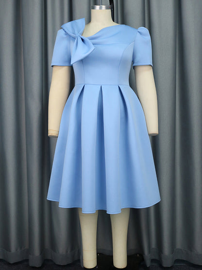 Solid Color Bowknot High-Waisted Tied Waist A-Line Midi Dresses