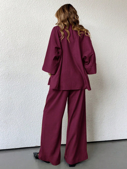 Burgundy Two Piece Blouse And Wide Leg Pants Set With Side Slit For Casual Business Wear
