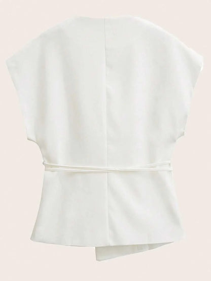 Solid Color Cross Belt Vest Top With Lace Up V Neck Batwing Sleeve Casual Spring Autumn