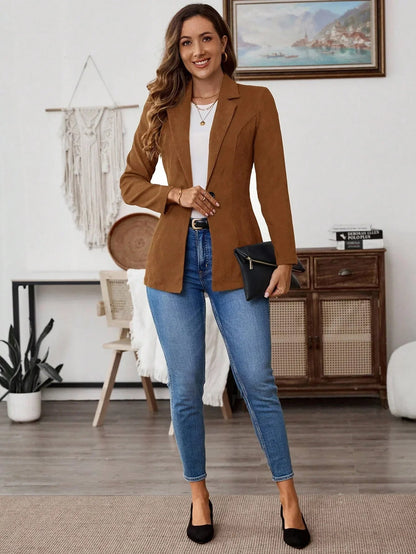 Mocha Brown Lapel Blazer With Woven Fabric And Rib Knit