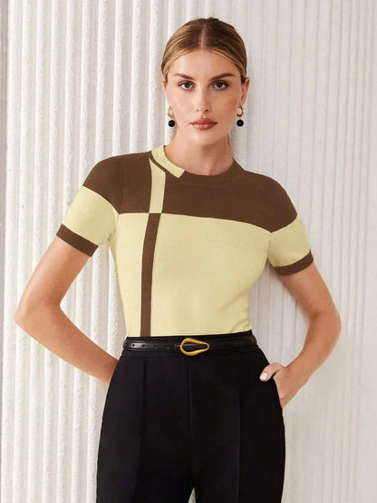 Two Tone Knit Top Short Sleeve Casual Effortless Style