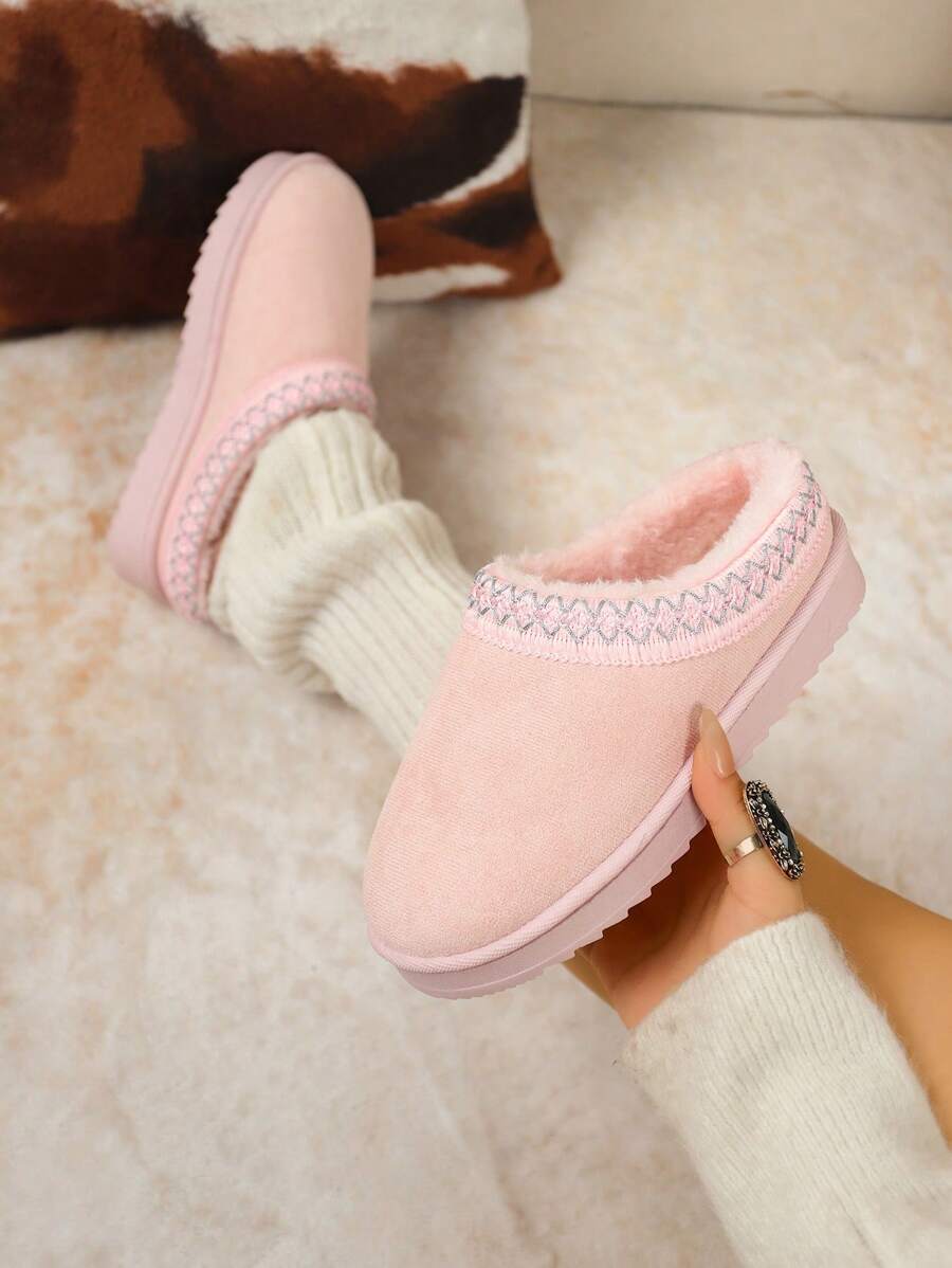 Plush Pink Slip On Winter Slippers