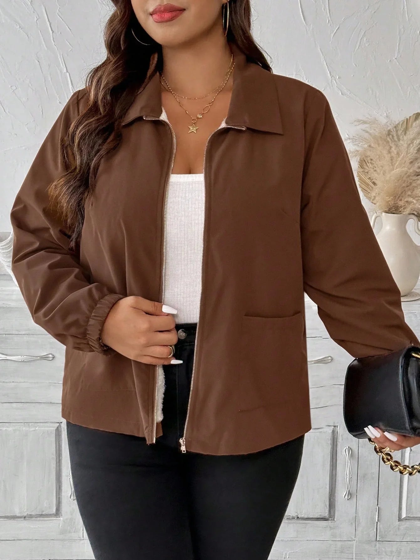 Plus Size Fleece Lined Zip Front Casual Jacket With Pockets