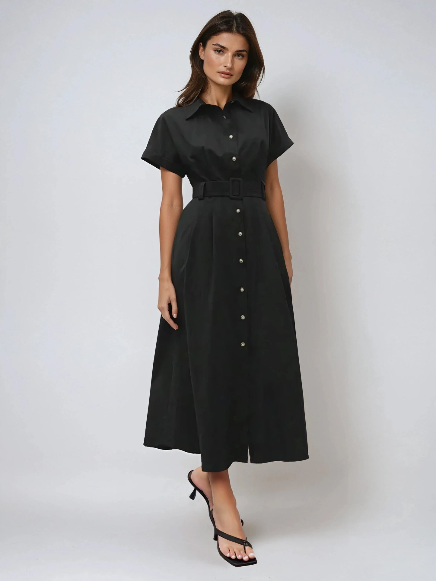 Casual Shirt Dress With Collar And Pockets Breathable