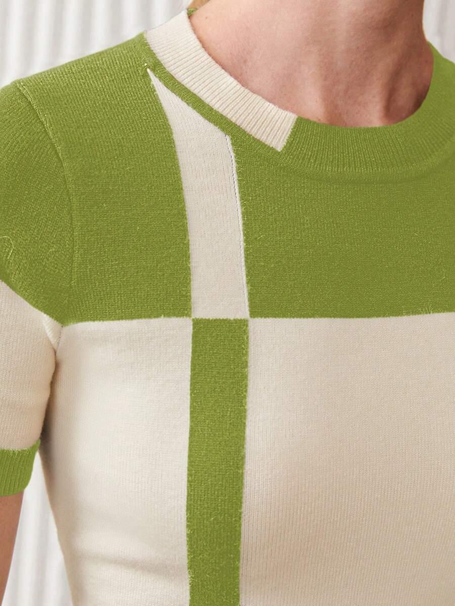 Two Tone Knit Top Short Sleeve Casual Effortless Style