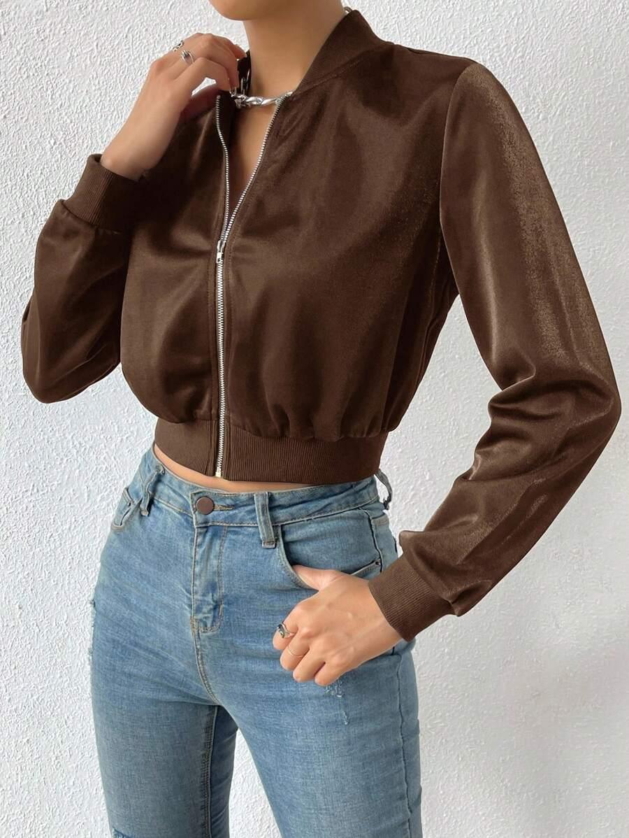 Solid Zip Up Crop Bomber Jacket With Baseball Collar