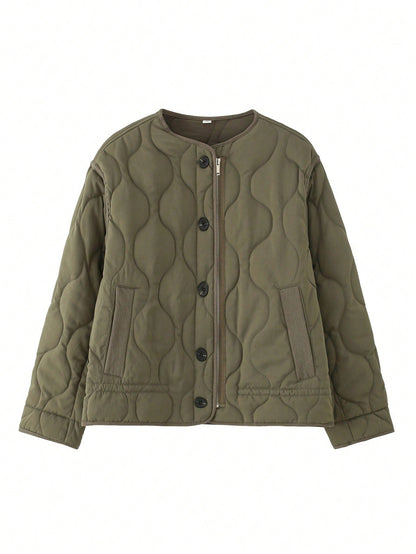 Quilted Padded Zip Front Jacket With Pockets