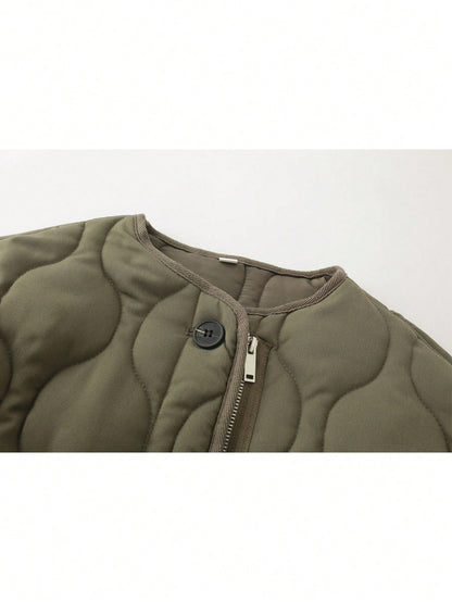 Quilted Padded Zip Front Jacket With Pockets