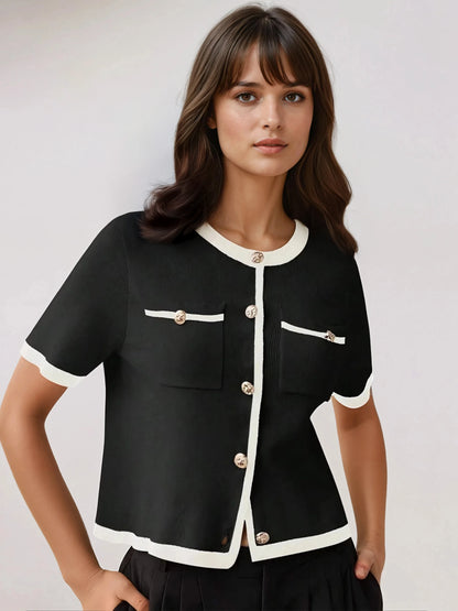 Block Knit Top Lined For Warmth With Metal Buttons Casual