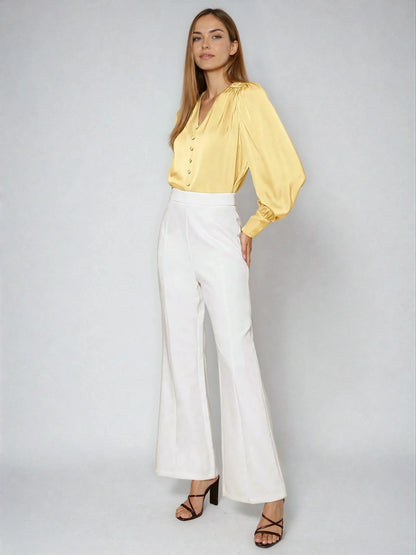 Satin V Neck Bubble Sleeve Blouse For Elegant Style