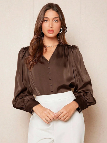 V Neck Satin Blouse Office Ready Elegant Chic Casual Top