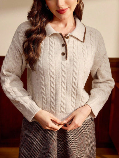 Apricot Colorblock Polo Collar Cable Knit Pullover For Women With Drop Shoulder Detail