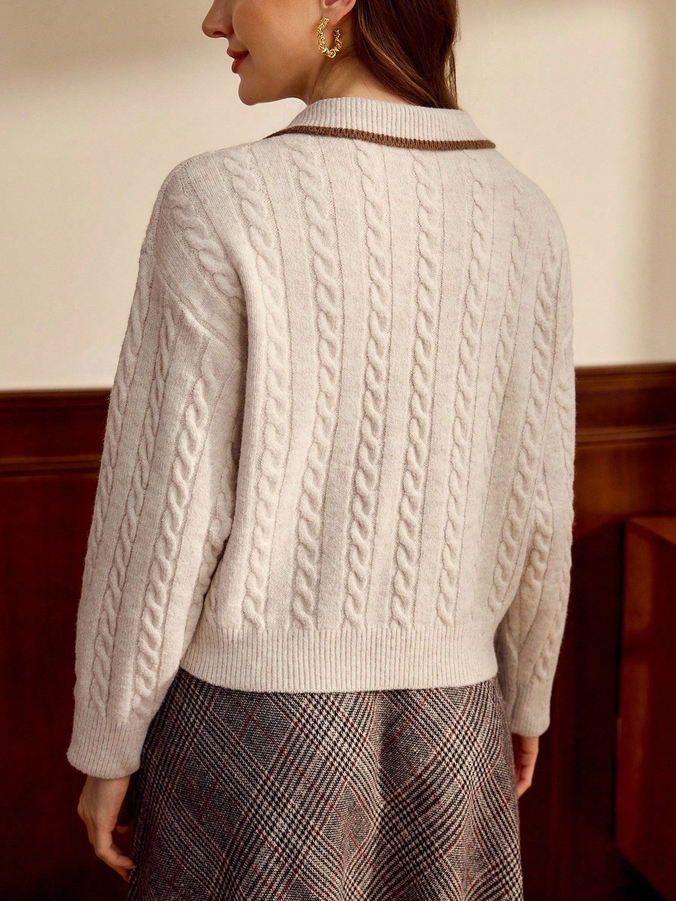 Apricot Colorblock Polo Collar Cable Knit Pullover For Women With Drop Shoulder Detail