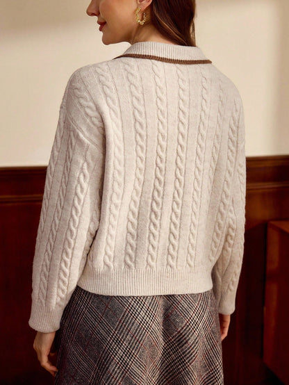 Apricot Colorblock Polo Collar Cable Knit Pullover For Women With Drop Shoulder Detail
