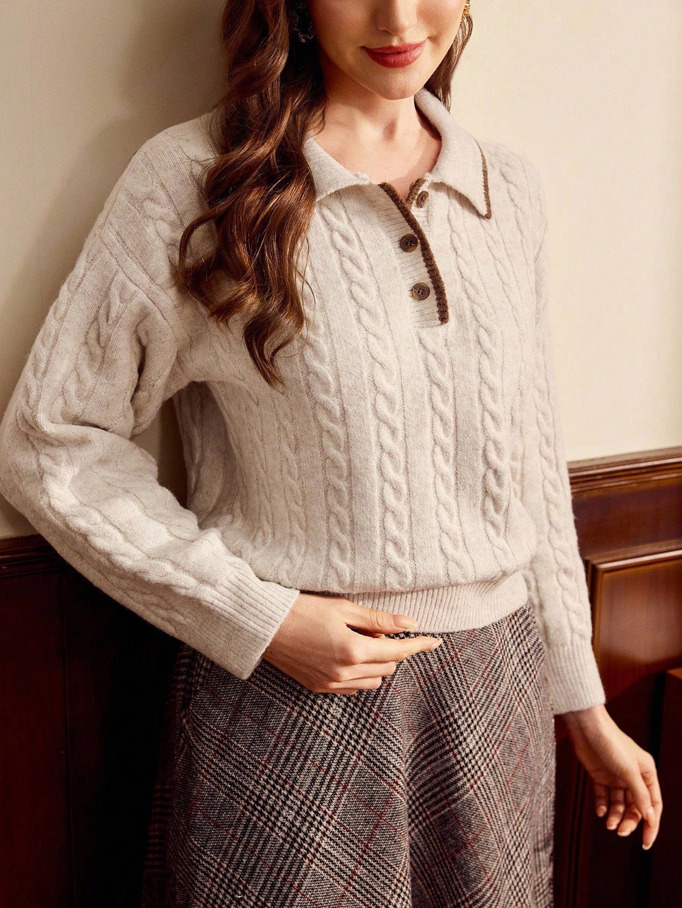 Apricot Colorblock Polo Collar Cable Knit Pullover For Women With Drop Shoulder Detail