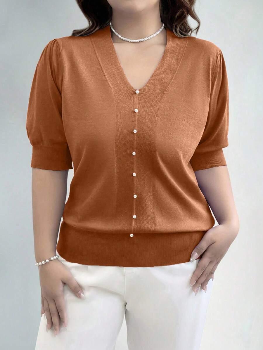 Plus Size V Neck Puff Sleeve Solid Knit Pullover Sweater