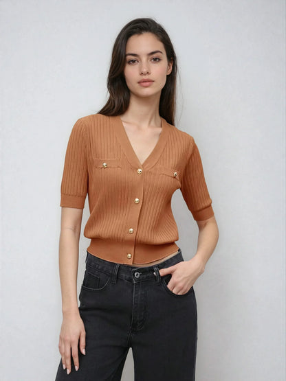Chic V Neck Knit Sweater With Button Front Short Sleeve