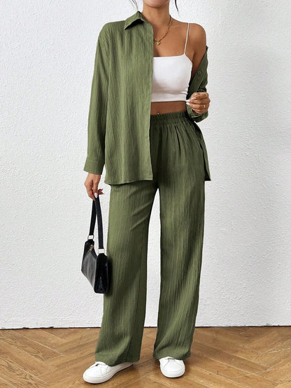 Petite Black Two Piece Office Set Blouse And Pants With Single Breasted Button Front
